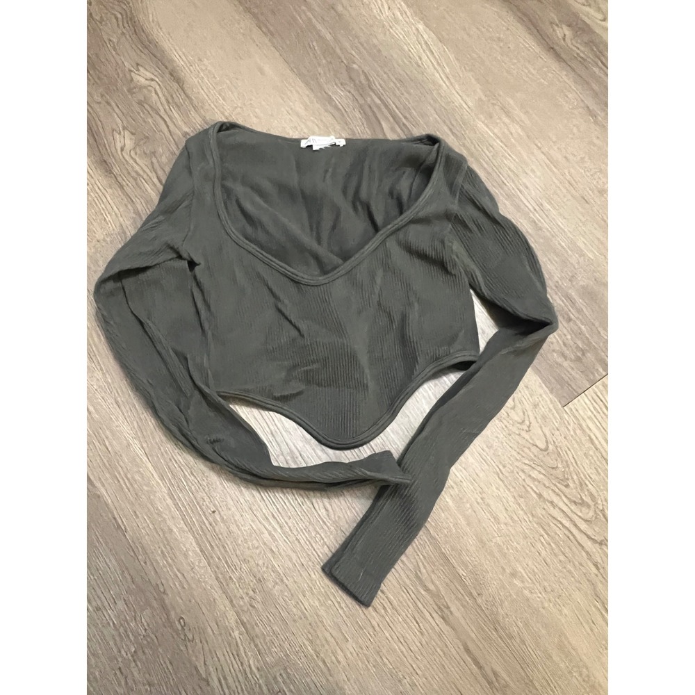 Zara Ribbed Long Sleeve Corset Hem V-Neck Crop Top Gray Size M